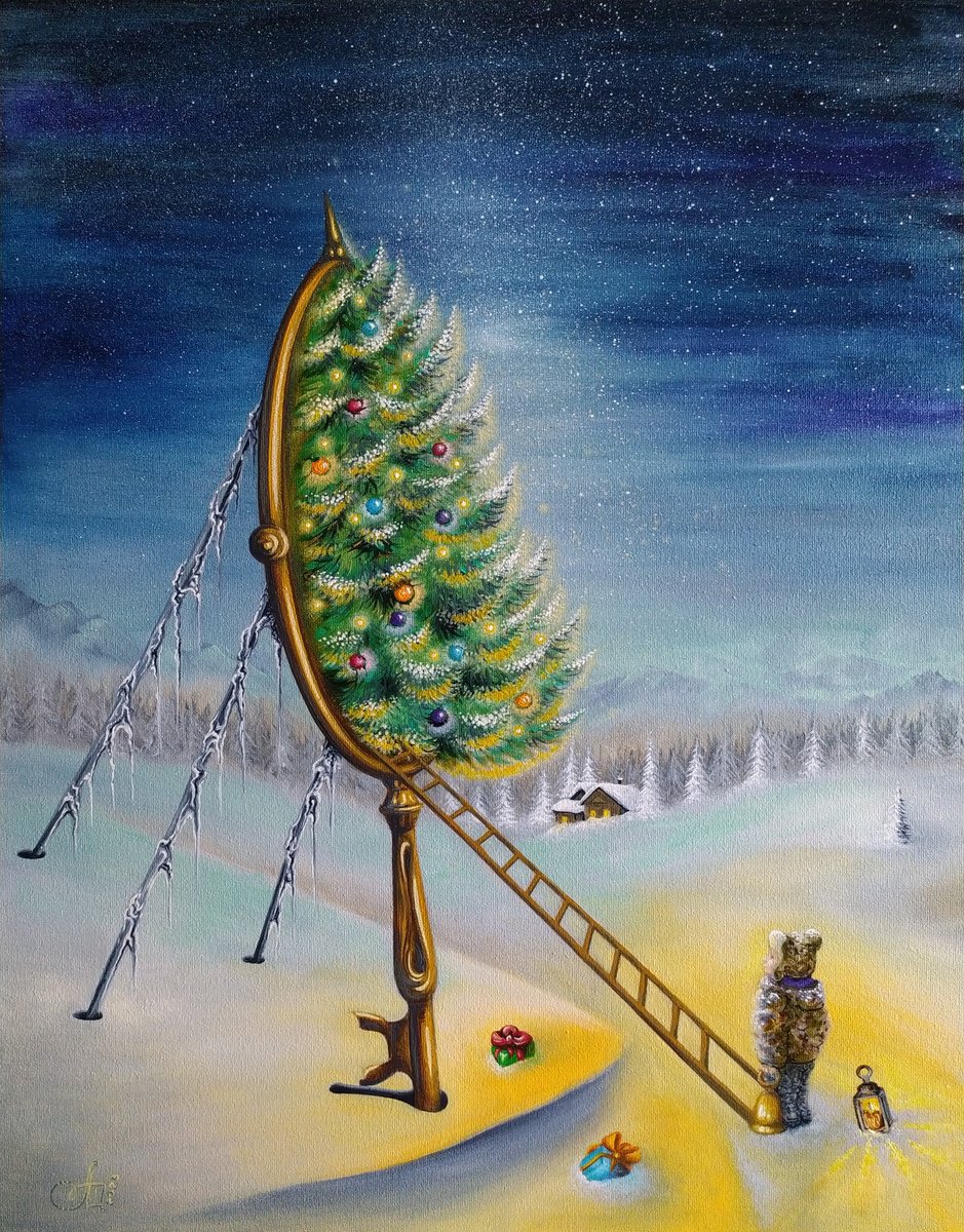 Surrealistic Landscape Oil Painting By Anna Shabalova, 16 X 20, Christmas In Wonderland, Original Artwork
