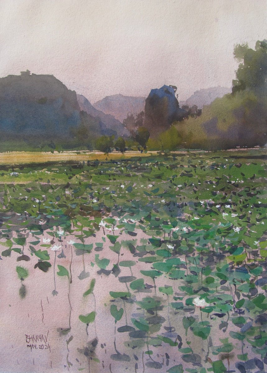 Impressionistic Landscape Watercolour By Bhargavkumar Kulkarni, 12 X 17, Water Lilies In Lake 2, Original Artwork