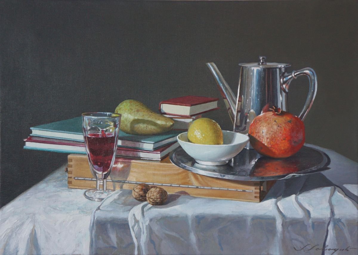 Photorealistic Still Life Oil Painting By Sergej Sologub, 28 X 20", Stillleben Mit Glas Wein, Original Artwork