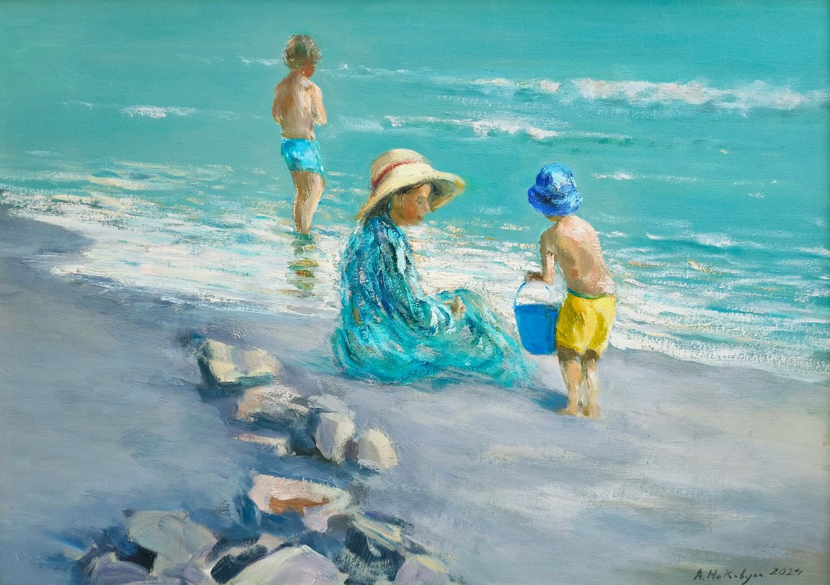 Impressionistic Landscape Oil Painting By Hrachya Hakobyan, 27 X 20, On The Beach - One Of Kind, Original Artwork