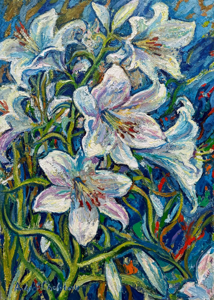 Impressionistic Landscape Oil Painting By Andrii Chebotaru, 20 X 28, Lilies In The Wind, Original Artwork