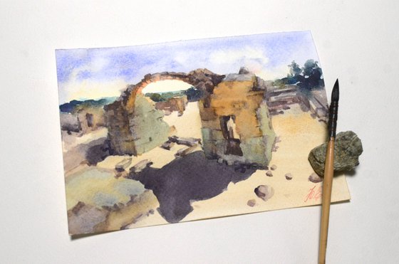 Ruins of Paphos, Small watercolor. Archeology of Cyprus