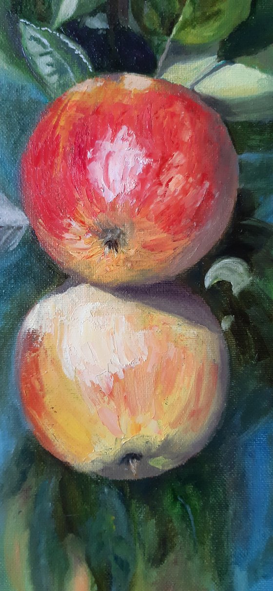 Apples - bright fruits on a branch, sunny mood, oil painting, home decor, original gift