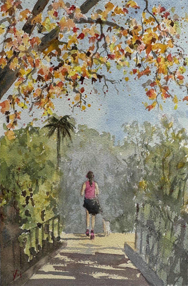 Impressionistic Landscape Watercolour By Shelly Du, 8 X 12", Morning Jog In Autumn, Original Artwork