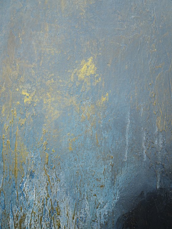 Modern Abstract Heavy Textured Landscape Painting. Contemporary Art. Gray and Gold, Brown, White