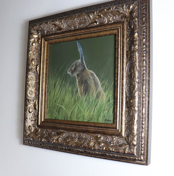 Hare Painting, Animal Artwork, Bunny, Nature Wall Decor Framed and Ready to Hang Oil Painting by Alex Jabore