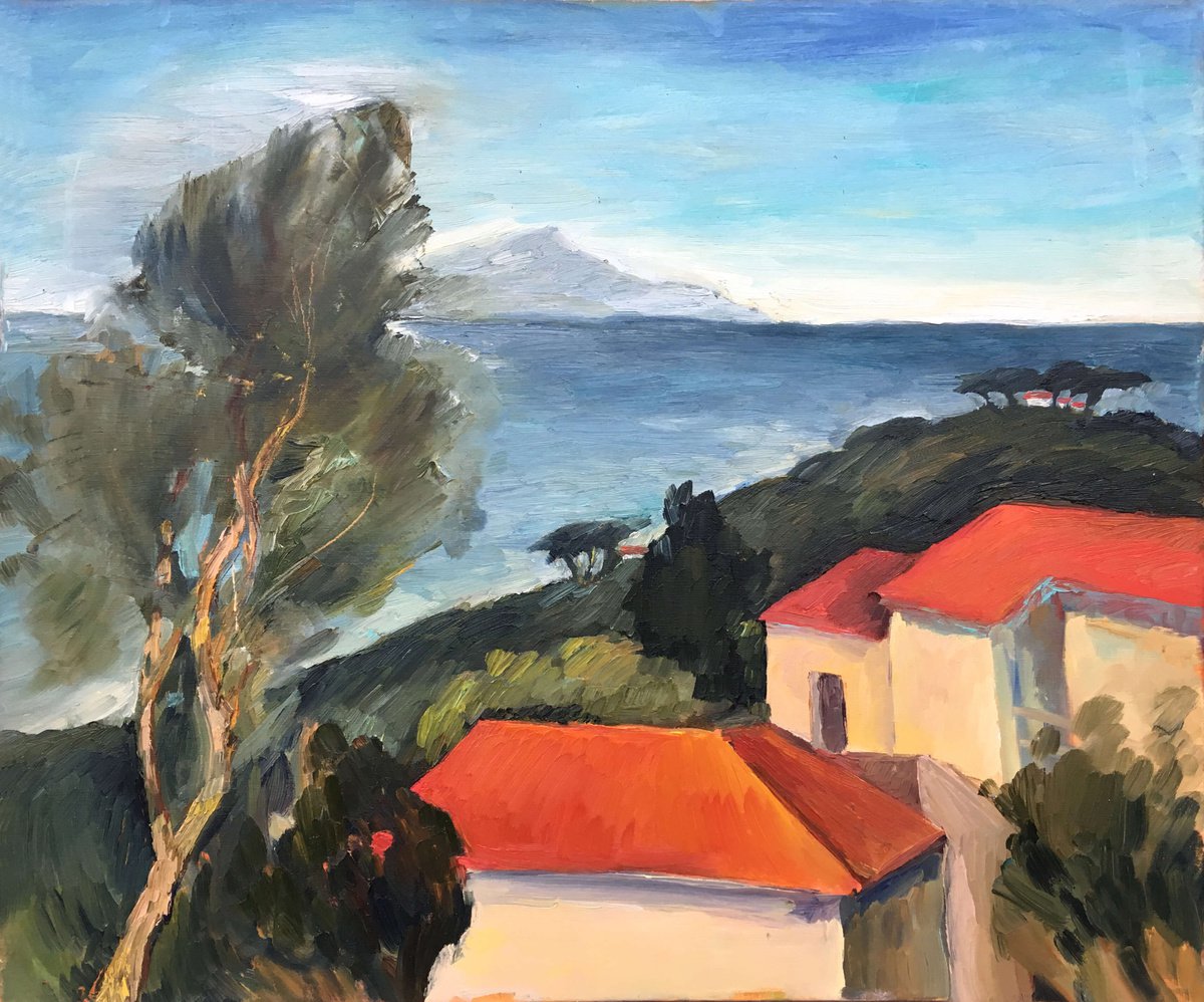 ITALY. THE SEA AND THE RED ROOFS - impressive landscape oil painting with green trees and... by Irene Makarova