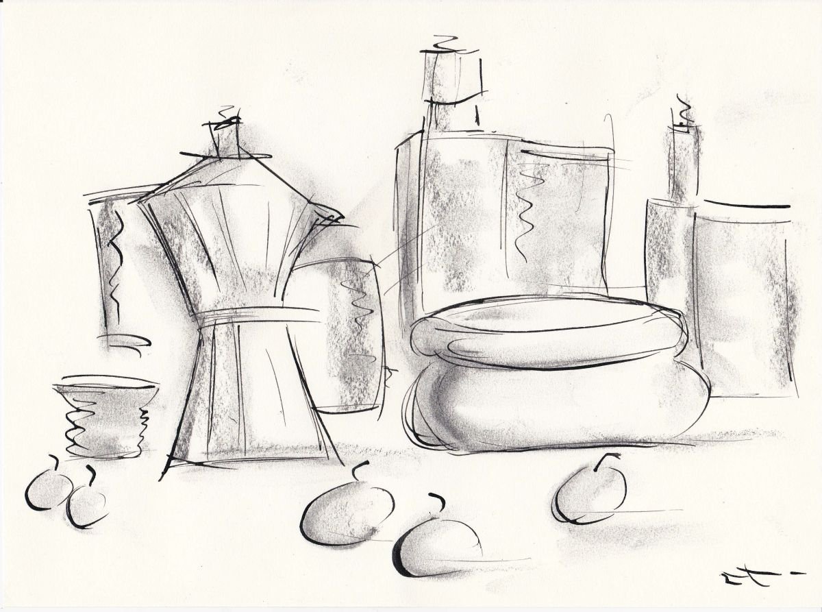 Expressive Still Life Charcoal Drawing By Lionel Le Jeune, 12 X 8", Still Life, Original Artwork