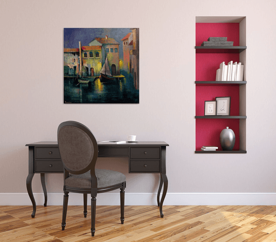 " Venice " Boats - 80 x 80cm Original Oil Painting