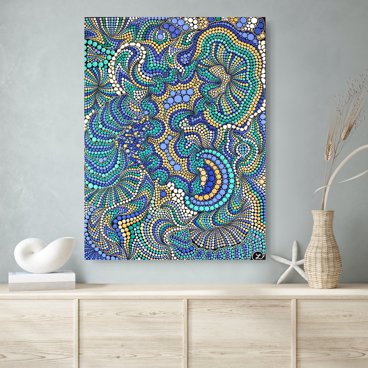 Expressive Abstract Acrylic Painting By Oxana Lazari, 24 X 31", Psychedelic Geometry, Original Artwork