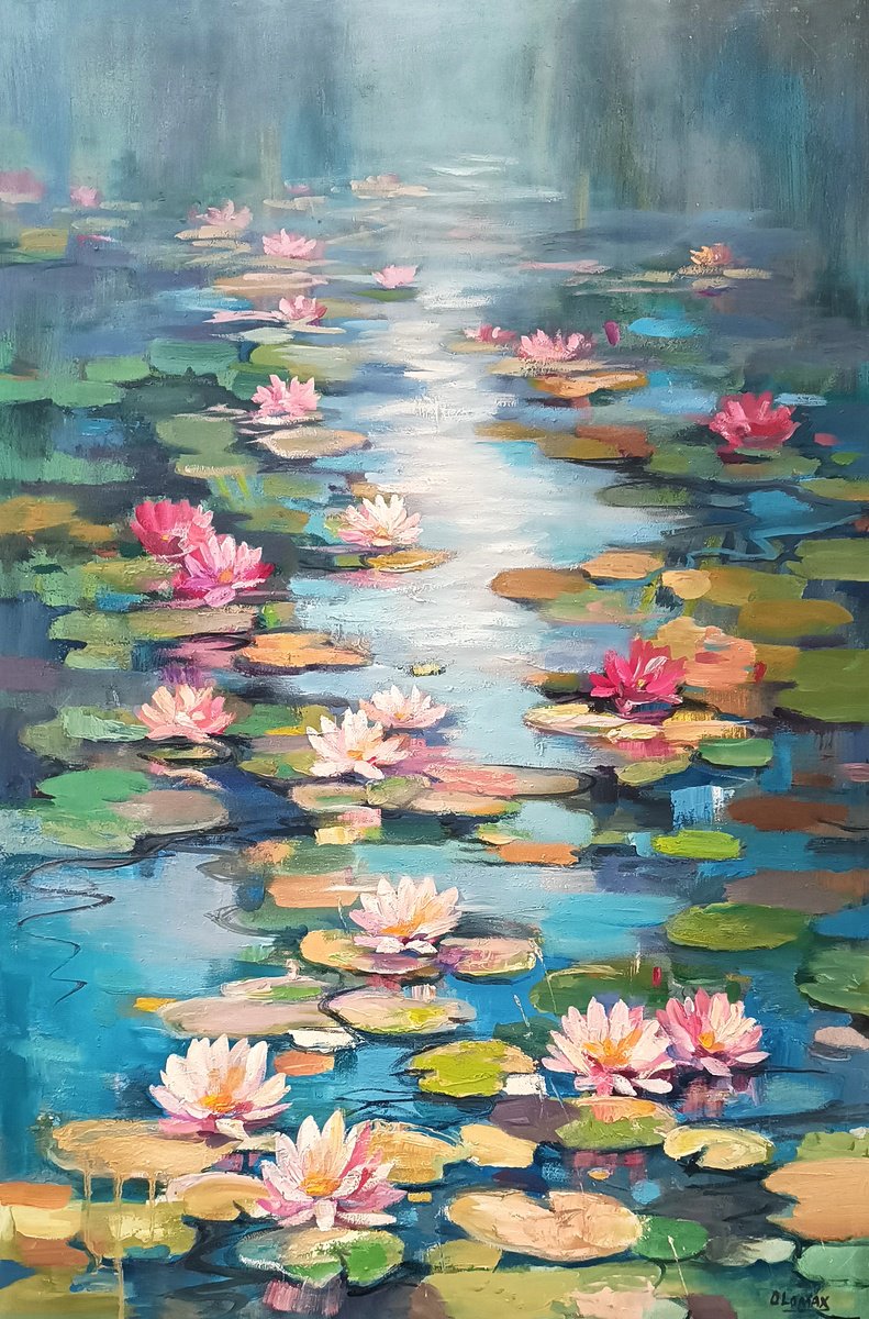 Impressionistic Landscape Oil Painting By Olga Lomax, 25 X 37", Lilies On The Pond., Original Artwork
