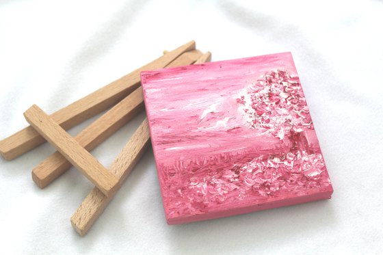 Cherry Blossom - Oil painting on mini canvas with easel - impressionistic palette knife landscape painting - gift art