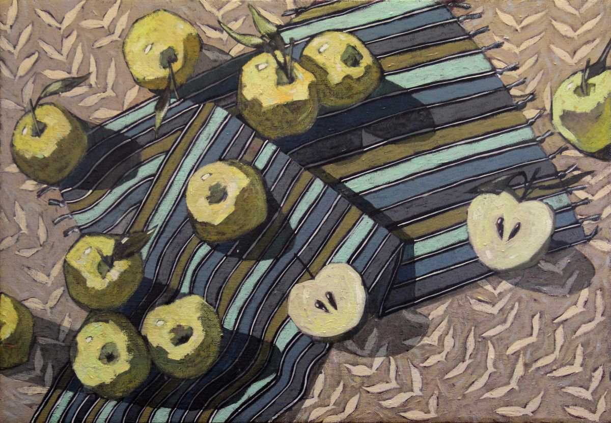 Apples on a striped drapery by Natalia Leonova