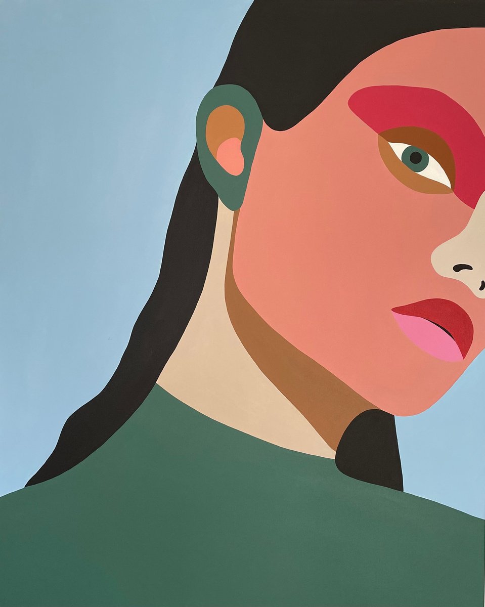 Geometric Portrait Acrylic Painting By Katalin Macevics, 31 X 39", Appealing, Original Artwork