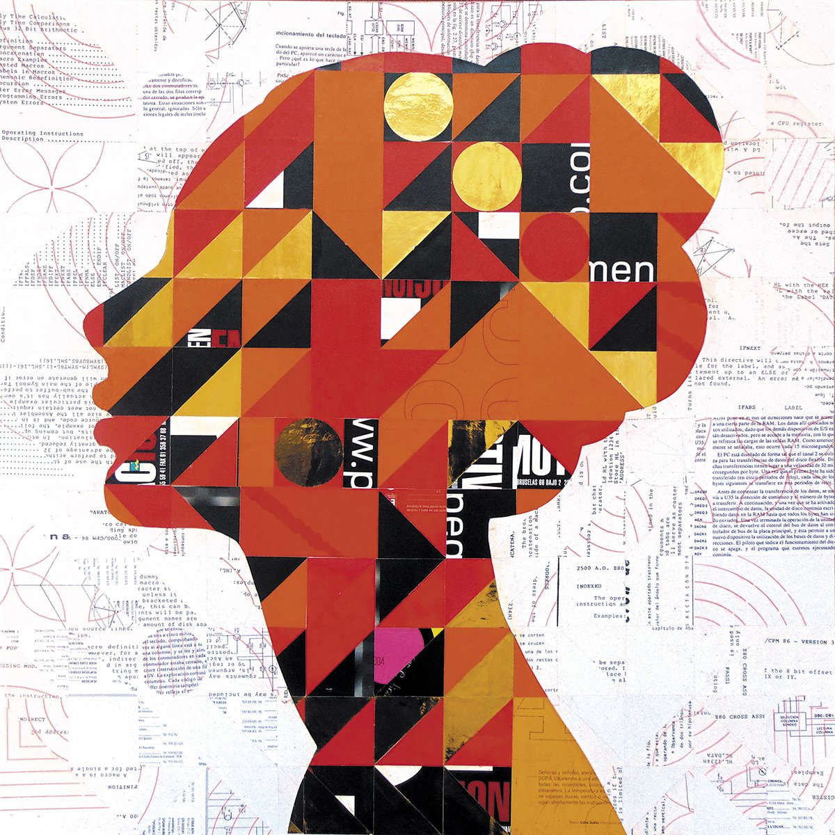 Urban And Pop Portrait Collage By Manel Villalonga, 24 X 24", 04 Red And Gold Woman Portrait, Original Artwork