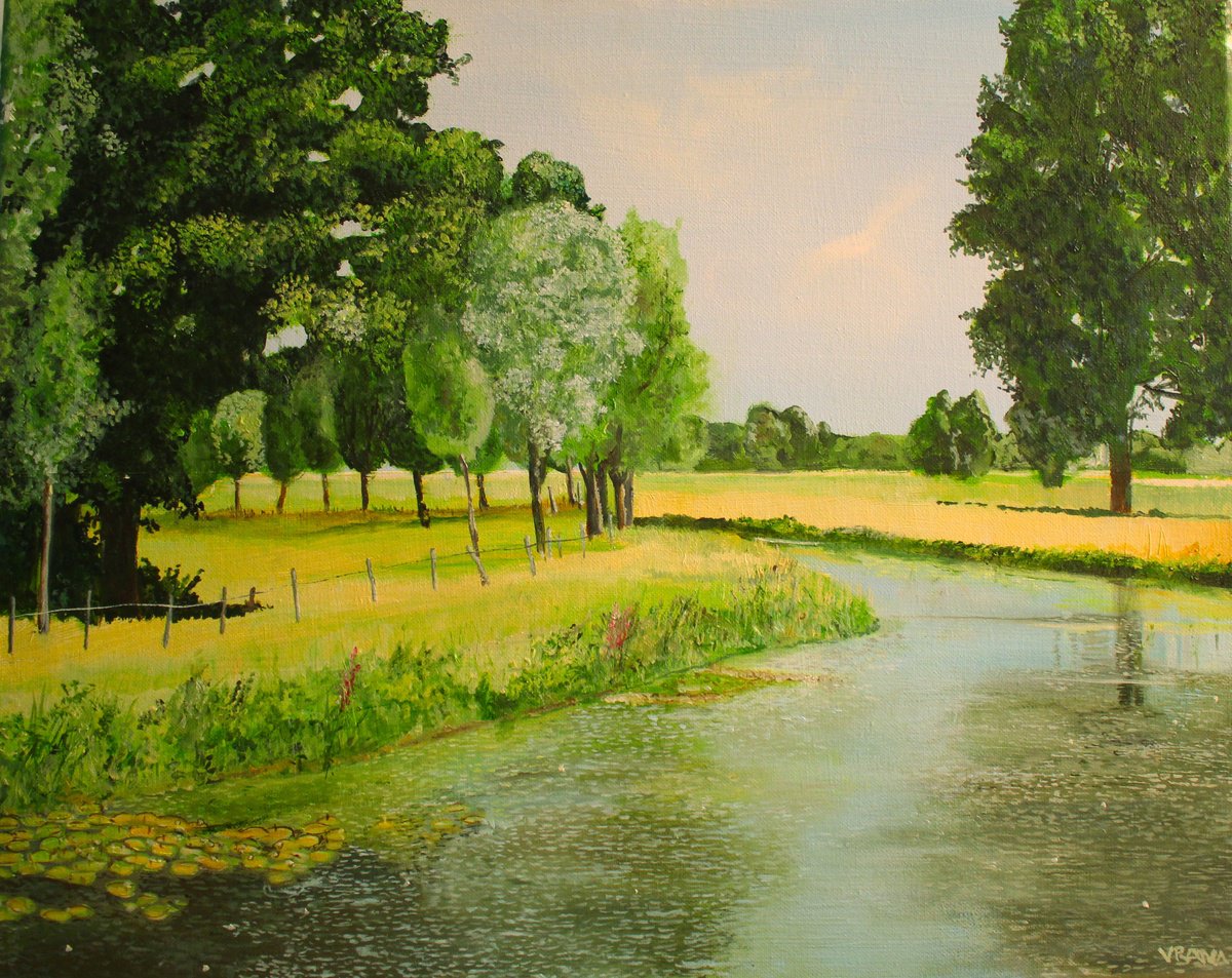 Impressionistic Landscape Oil Painting By Ken Vrana, 20 X 16", Serenity By The River, Original Artwork