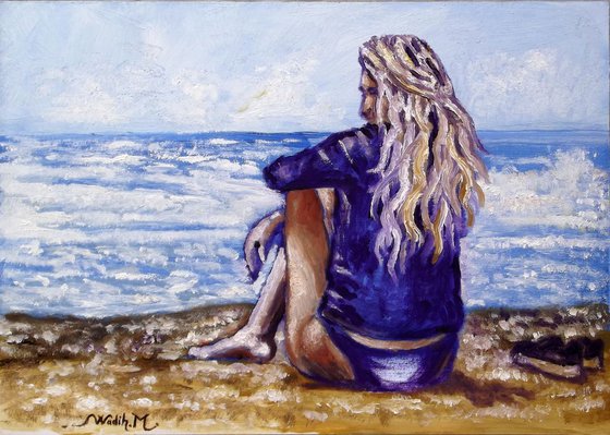 SEASIDE GIRL - Sitting at the seaside - Thick oil painting - 42x29.5cm
