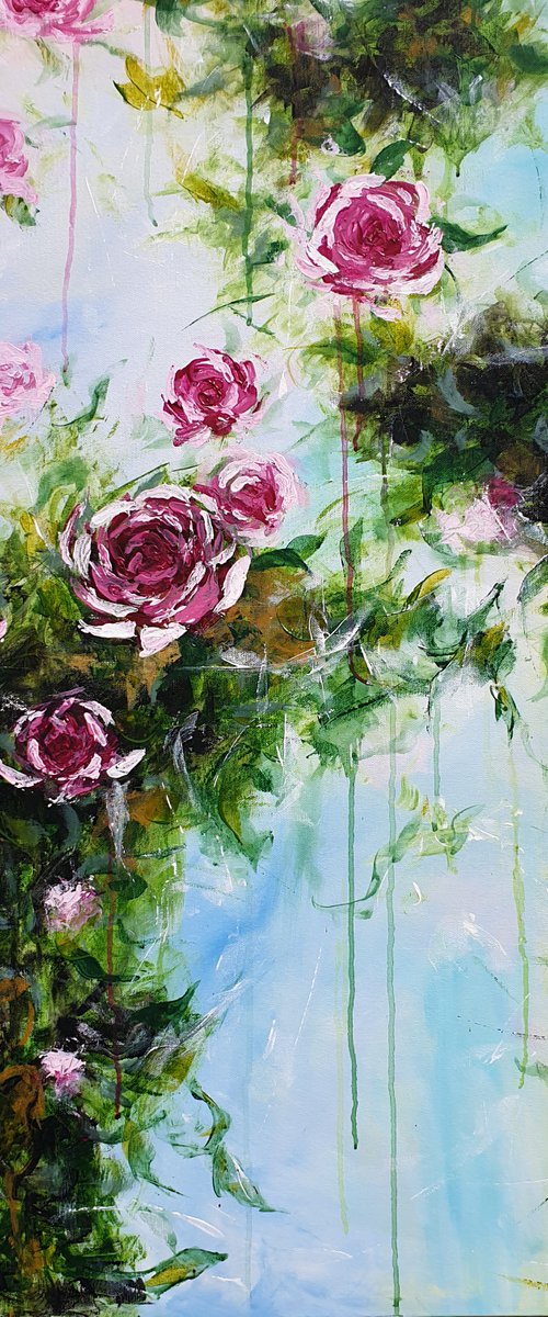 Trailing Roses Large Abstract Flower Painting 100x100cm 39x39" Modern Flower Painting Bedroom Decor Hotel Decor Pink and Greens Bright Artwork by JuliaP Art