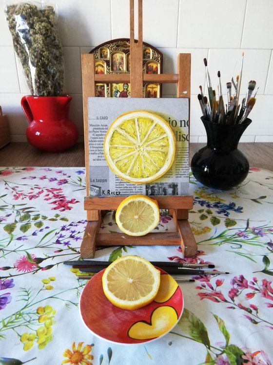 "Lemon on Newspaper" Original Oil on Wooden Board Painting 6 by 6 inches (15x15 cm)