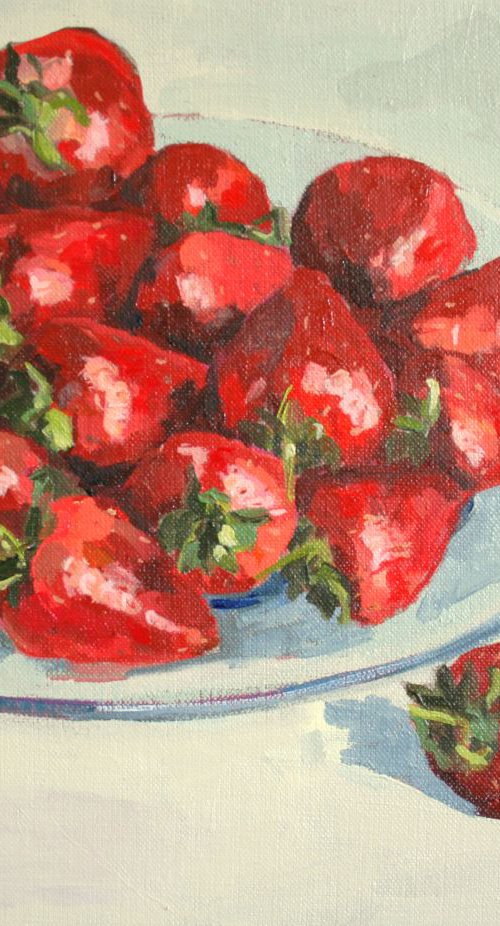 Strawberries on glass dish by Katharine Rowe