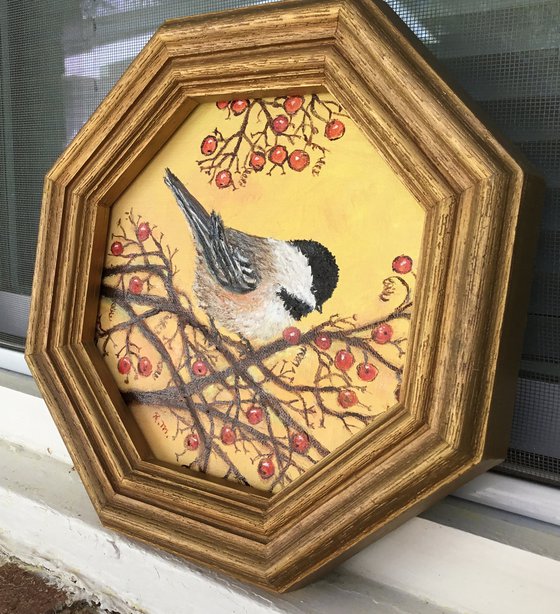 Chickadee # 20 - oil on 8X8 octagonal canvas