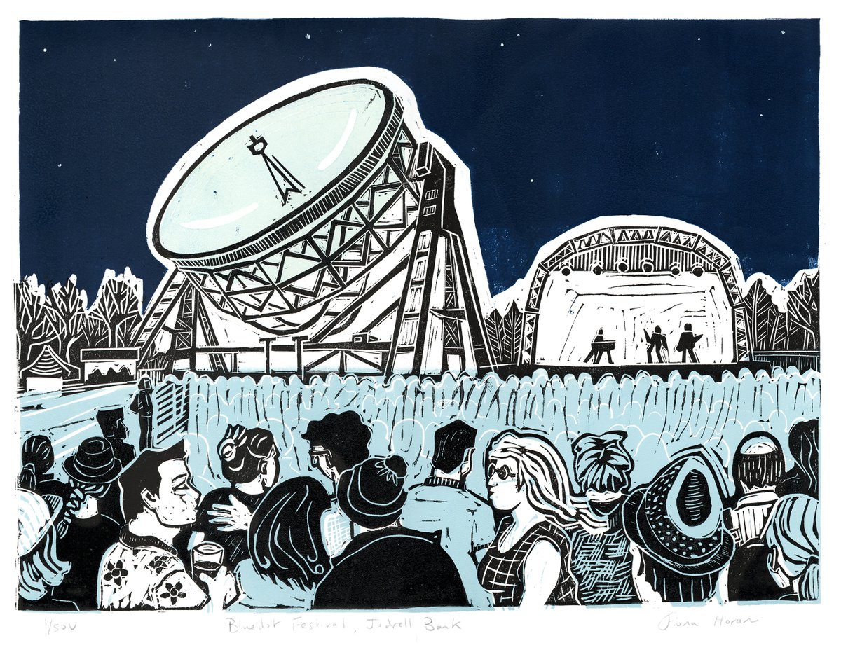 Bluedot Festival at Jodrell Bank. Limited Edition linocut by Fiona Horan