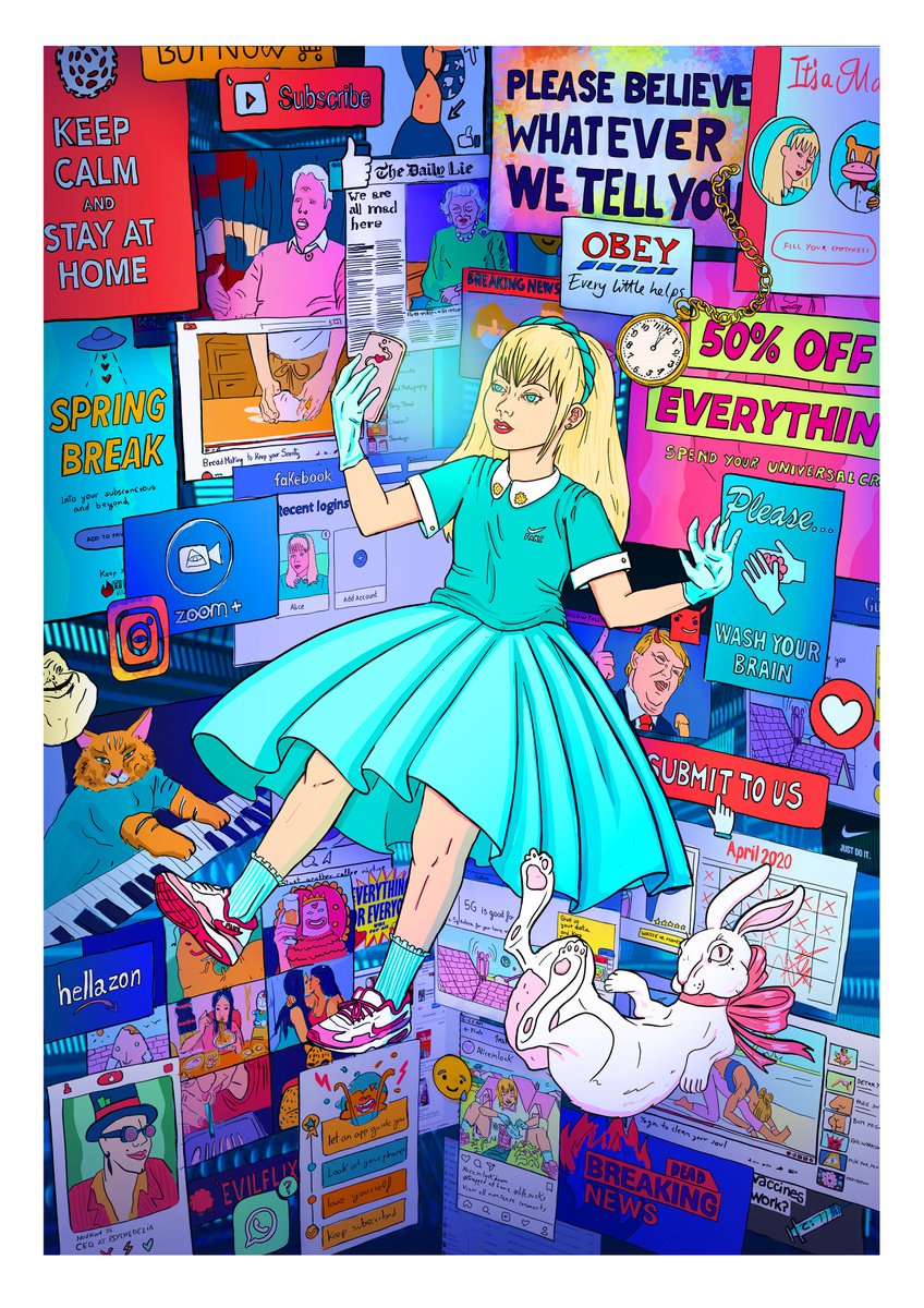Down The Rabbit Hole - Alice in Lockdown A1 Limited Edition graphic illustration Art Print by Marta Zubieta