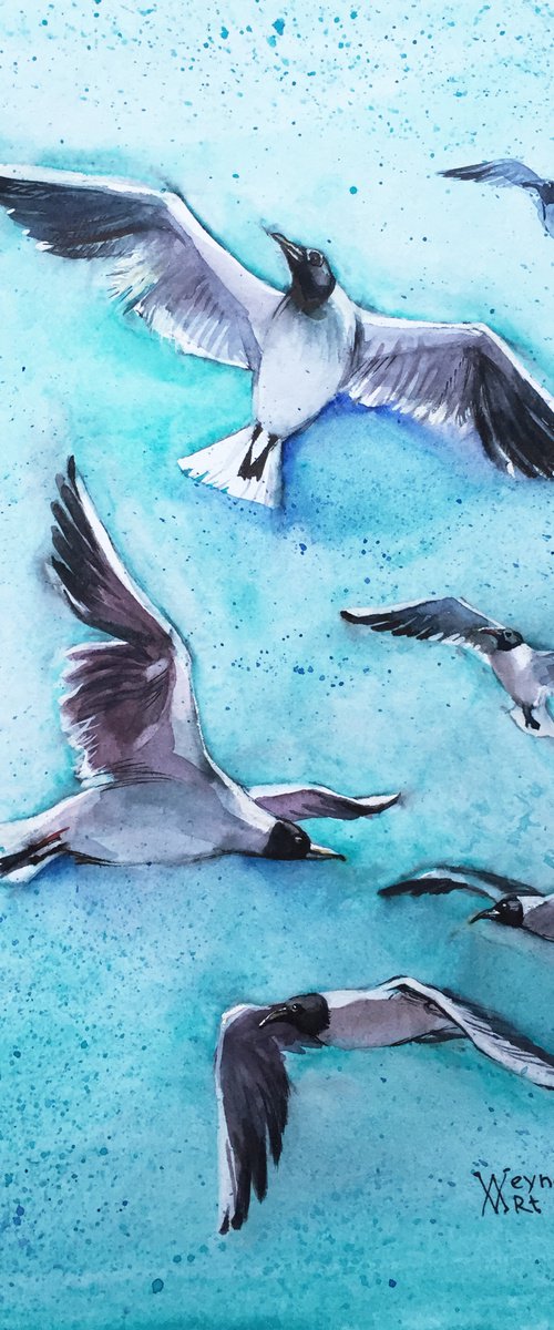 Seagulls. Seascape painting. by Natalia Veyner