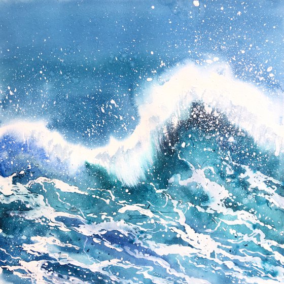 Sea wave with splashes and drops. Original watercolor artwork.