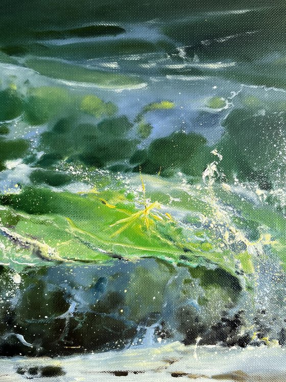 Green wave original oil painting