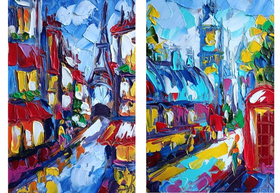 Reserved - diptych сities, small painting, cityscape, postcard, Big Ben, Eiffel Tower, city, gift idea, gift, oil painting, France, Eiffel Tower oil painting