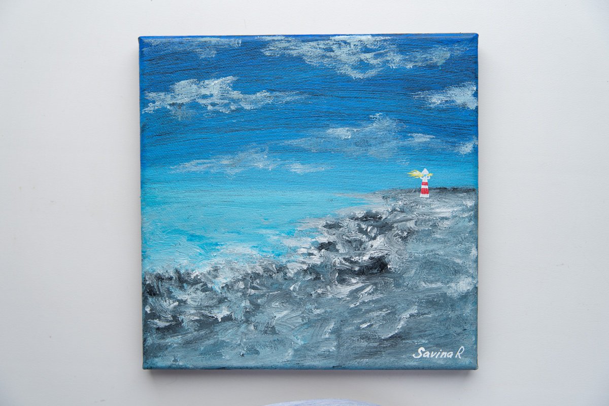 Blue bay with a lighthouse by Rimma Savina