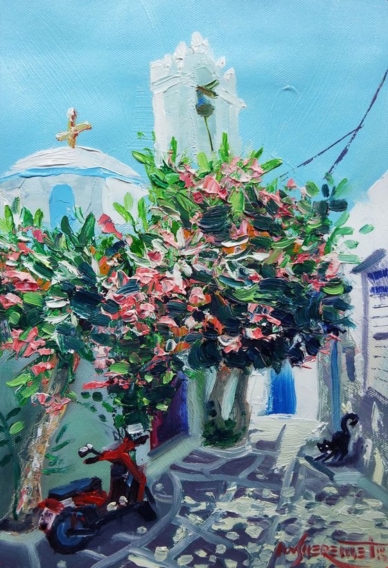 Paros, Greece Oil Painting, Street Greek Scene with Buganvillia, Greek Island Impressionist Art, Summer Mediterranean Countryside