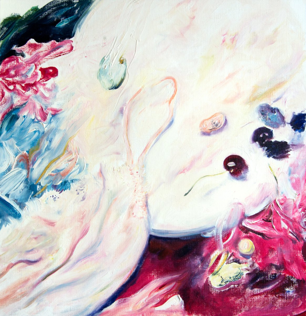 Impressionistic Still Life Oil Painting By Daria Galinski, 16 X 17, Still Life With Nightdress And Cherry, Original Artwork