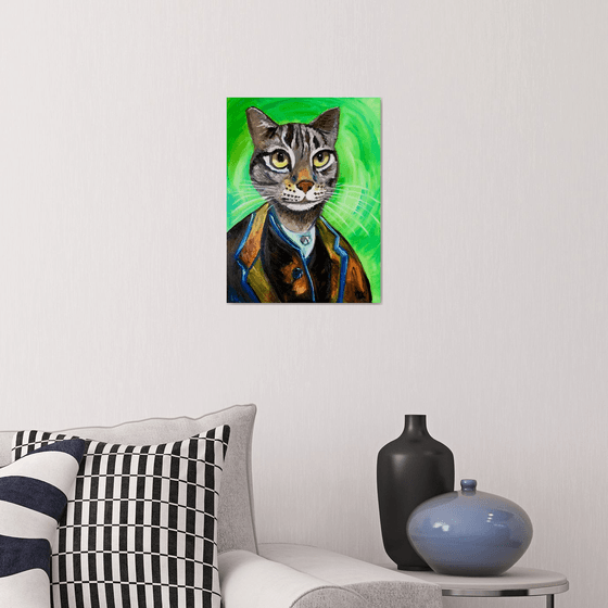 Cat Vincent Van Gogh inspired by his self-portrait on green background