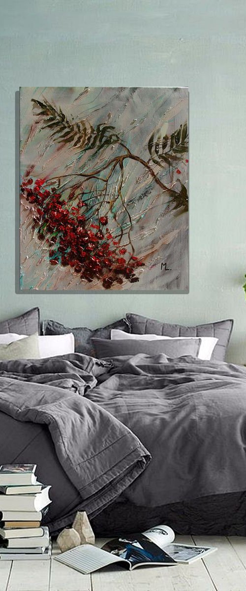 " MOUNTAIN ASH " autumn floral fall original painting palette knife GIFT MODERN URBAN ART OFFICE ART DECOR HOME DECOR GIFT IDEA by Monika Luniak