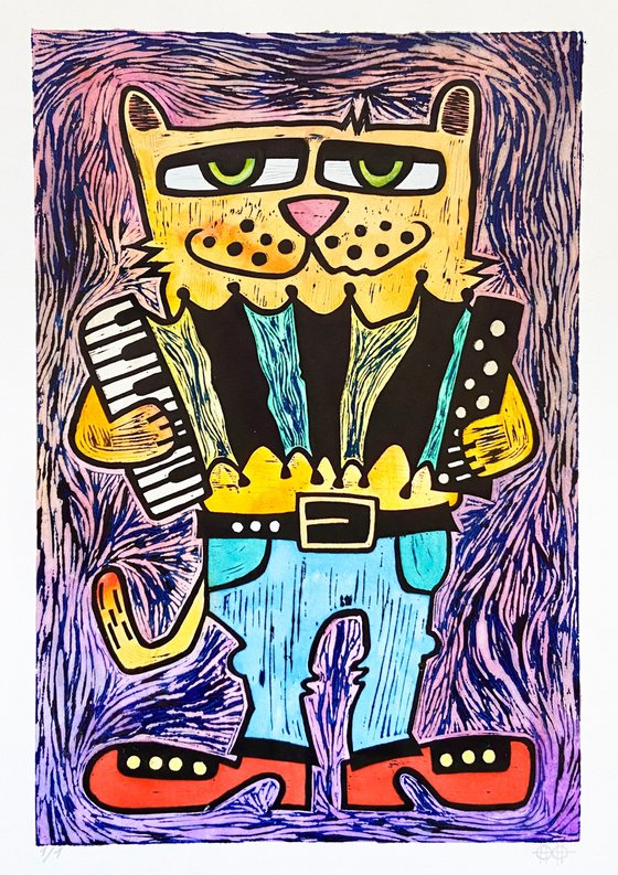 Сat with accordion, color #2