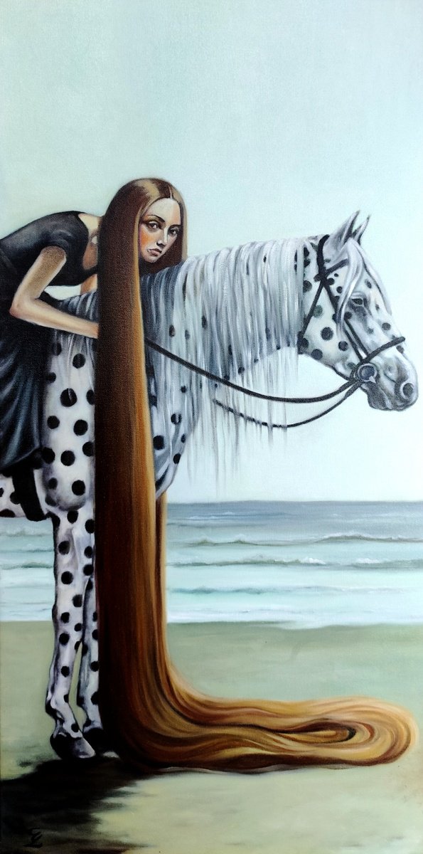 Surrealistic Portrait Oil Painting By Veronica Ciccarese, 16 X 31", The Expectation, Original Artwork