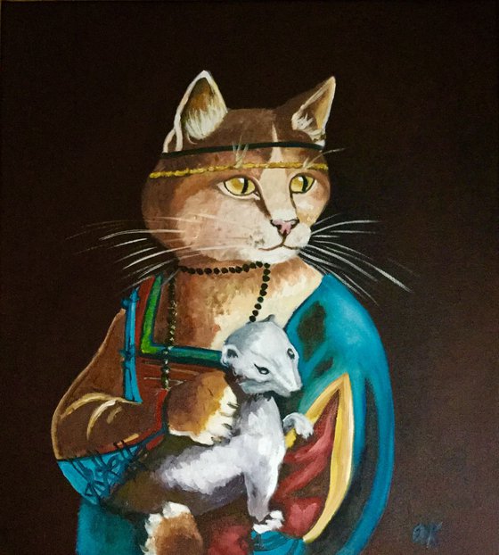 Cat with ermine . FELINE ART. Painting  for cat lovers.