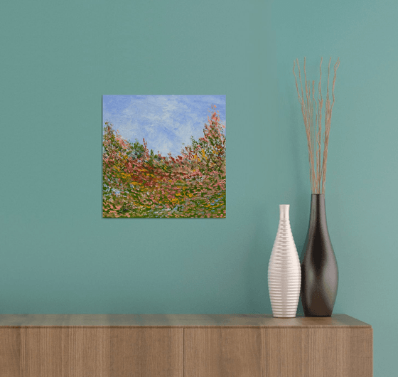 "flowers III" home wall art decor square abstract oil painting contemporary romantic art with optimistic and positive energy