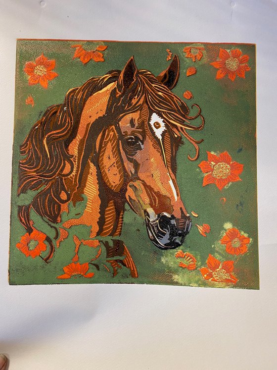 Horse – reduction linocut print