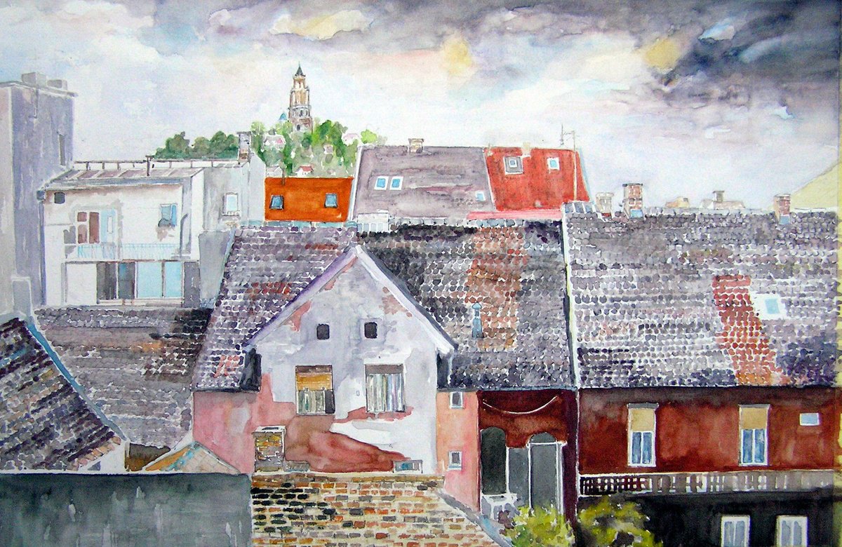 Impressionistic Cityscapes Watercolour By Zoran Mihajlovic Muza, 21 X 14", City Roofs /Cityscape, Original Artwork