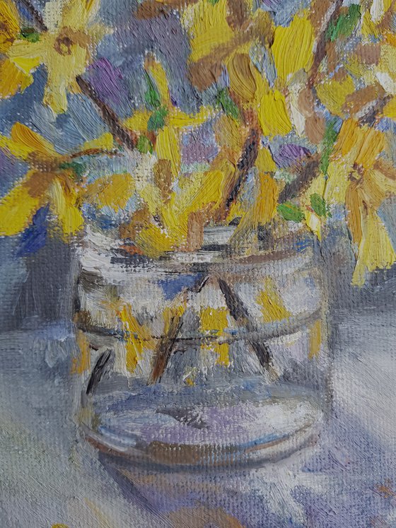 Forsythia by the window original oil painting