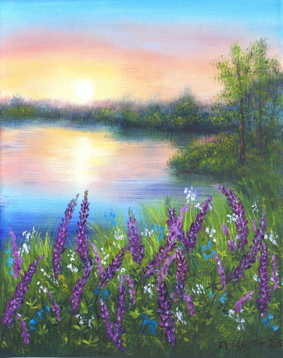 Lake with lupines meadow