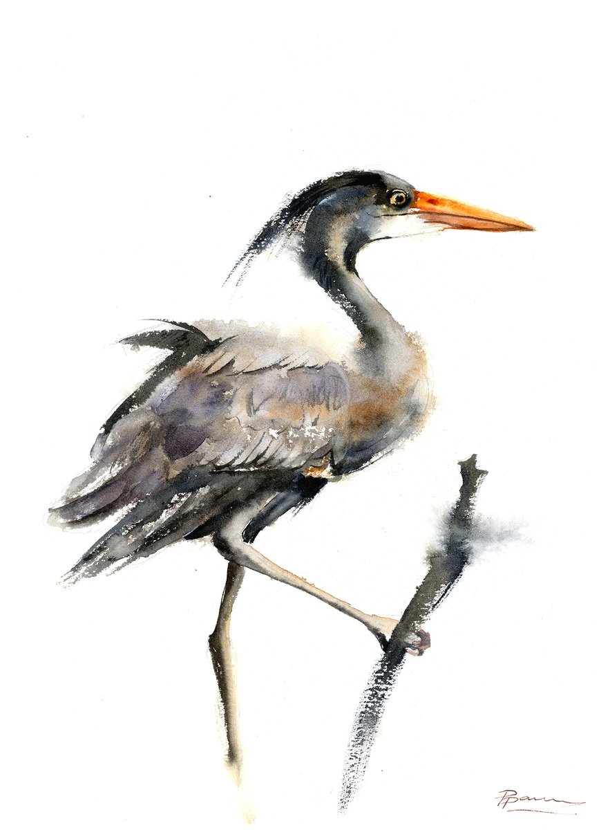 Impressionistic Watercolour , Grey Heron By Olga Tchefranov (Shefranov), 12 X 16, Artwork For Sale On Artfinder