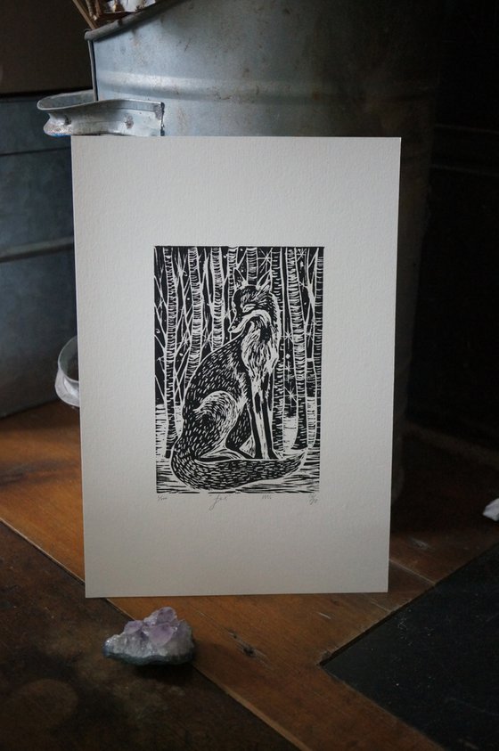 Night Fox Linocut Print