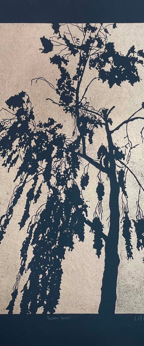Golden Birch - Birch Linocut by C Staunton