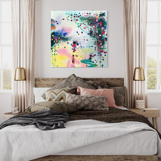 Square painting with flowers "Breeze Of Senses" 100x100x2cm