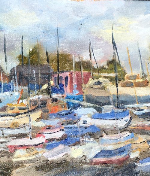 A painting of many boats by Julian Lovegrove Art