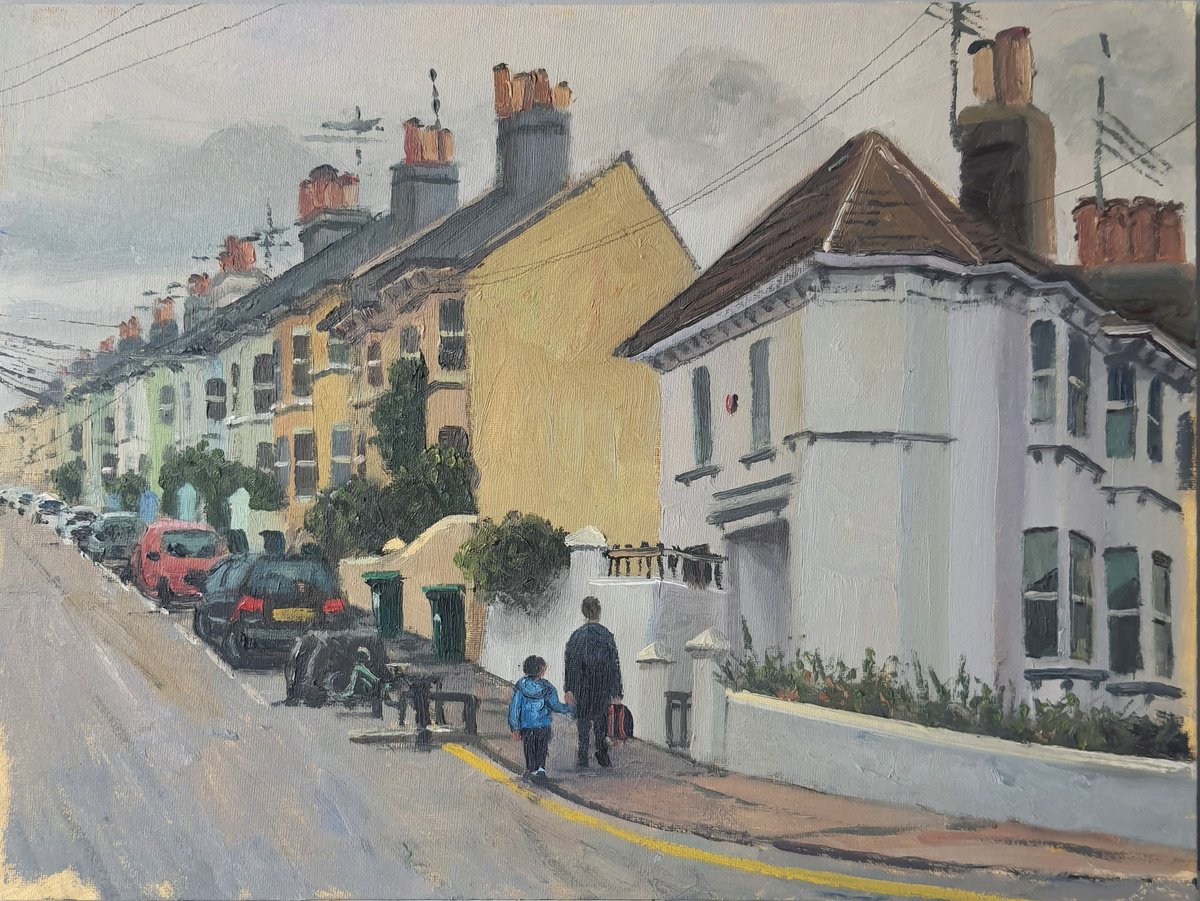 Impressionistic Cityscapes Oil Painting By Roberto Ponte, 16 X 12", Streets Of Brighton, Original Artwork